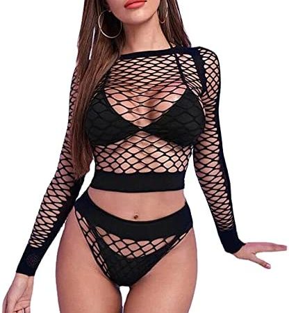 VicSec Women Fishnet Lingerie Set, Sexy Babydoll Mesh Bodysuit, See Through Chemise Hollow Out Bodystocking Teddy Outfit Rhinestone Crop Top and Shorts Underwear for Clubwear Nightwear Nightgown