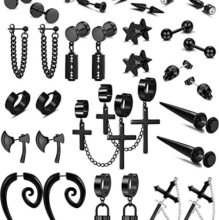 Morfetto 16 Pairs Stainless Steel Y2K Punk Earrings Black for Men Women Mens Earrings Skull Cool Emo Goth Chains Jewelry Piercing Dangle Hoop Earrings Stud Set