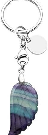 Allerpierce Natural Fluorite Crystal Keyring Carved Angle Wing Gemstone Keychain Reiki Healing Crystal Pendant Key Ring Chain for Women Gifts