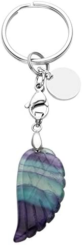 Allerpierce Natural Fluorite Crystal Keyring Carved Angle Wing Gemstone Keychain Reiki Healing Crystal Pendant Key Ring Chain for Women Gifts