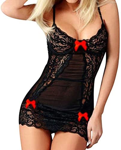 CheChury Sexy Lingerie Lace Mesh Nightwear Hollow Out See Through Underwear Transparent Nightdress with Bow-Knot Back Bodysuit Babydoll