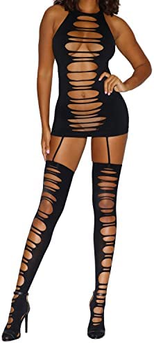 Dreamgirl Women's Seamless Dancer Dress Detail Attached Garters and Slashed Thigh Highs, Black, One Size, Black