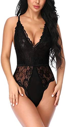 EVELIFE Women Sexy Teddy Lingerie One Piece Lace Babydoll Deep V Neck Bodysuit