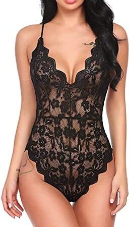 KOEMCY Sexy Lingerie for Women Naughty Lace Bodysuit Sexy Teddy Lingerie One Piece Floral Lace Leotard Babydoll Deep V Neck Sexy Underwear