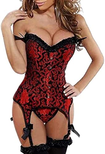 Kelvry Women's Gothic Satin Lace up Boned Bustier Corset Top with Suspenders Plus Size 6-24 Red