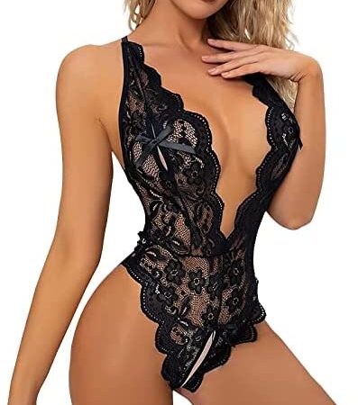 ROSVAJFY Sexy Lace Bodysuit for Women One Piece Naughty Lingerie Deep V-Neck Hollow Out Teddy Babydoll Transparent Backless Negligee Cutout Wasit Mesh Slim Bodycon Stretch Jumpsuit Oneise