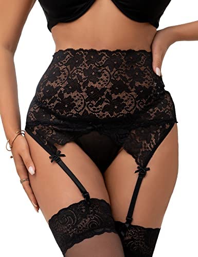 ohmydear Women Stretchy Suspender Belt High Waist Lace Garter Belt Plus Size Lingerie Sets for Women UK with 4 Straps and G-string(No stockings)