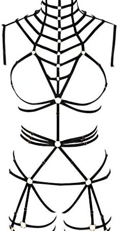 PETMHS Women's Strap Body Harness Lingerie Punk Full Caged Waist Garter Belts Set Strappy Frame Bralette Pentagram Gothic Halloween Club Party Dance Rave Wear