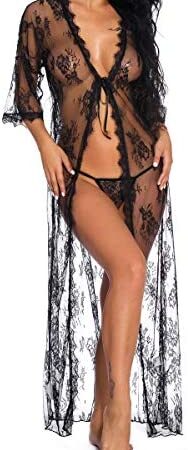 Ammiya Sexy Robe Lingerie Set Long Sleeve Robe Nightgown Kimono Lace Cover Ups Nightwear Set with G-String