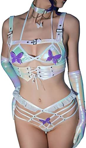 MEOWCOS Women Sexy Lingerie Set Butterfly Decorated Sleepwear Costumes Flirty Bra and Panties with Necklace Corset and Gloves