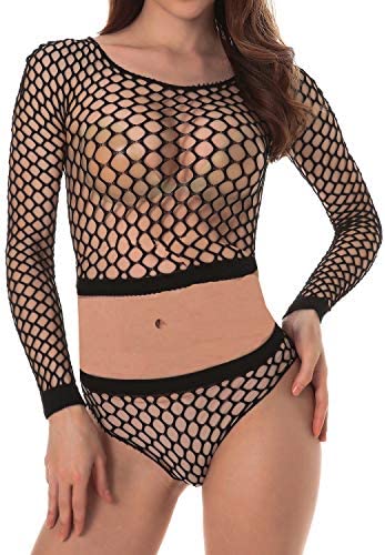 TEERFU Women's Sexy Fishnet Sleepwear Long Sleeve Cami Crop Top+Brief 2Pcs Lingerie Set Bodysuit