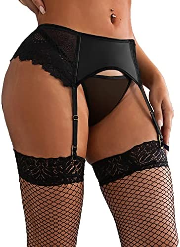 ohmydear Women Lace Suspender Belt Black PU Leather Garter Belts Plus Size Lingerie Set with 4 Elastic Strap Metal Clips and Thong