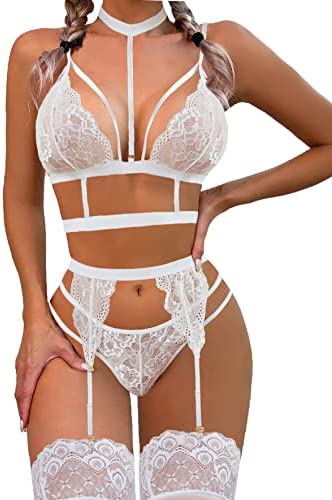 wearella Lace Garter Lingerie Set with Removable Choker Teddy Babydoll Strappy Bra and Panty Set (No Stockings),White,L