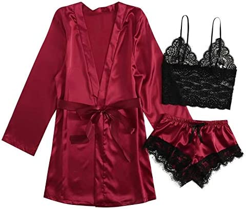 AMhomely Pyjama Set Women Girls Ladies Nightwear Silk Satin Pajamas Sleepwear Stain Lace Floral Nighties 3Pcs Robe Dressing Gown Nightdress with Chest Pad Sexy Lingerie Lace Babydoll Set