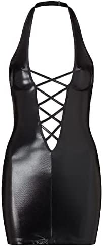 Ann Summers - PU Black Shania Dress, Faux Leather Lingerie Set with Criss Cross Front Detail, Wet Look Mini Dress, Sexy Black Bodycon Dress for Women