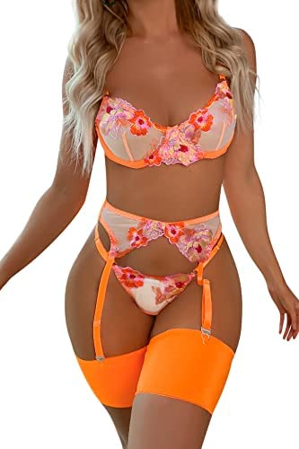 Aranmei Lingerie Set for Women 4 Piece Lingerie Set with Floral Embroidered Lace Sheer Underwire Bra with G-String Thigh Bands with Garter Belt Lingerie Set