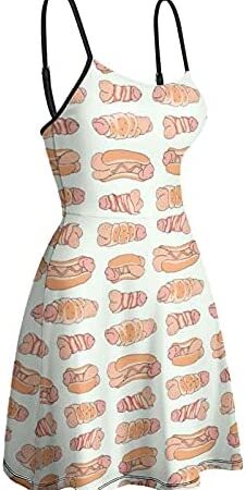 BAIKUTOUAN Happy Penis Dick Sweet Bacon Wrapped Women's Sling Dress Casual Tank Dresses Swing T-Shirt Sundress With Adjustable Strap