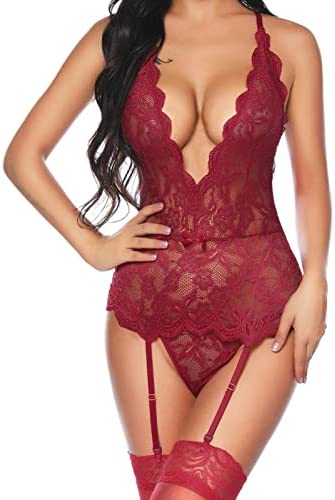 HOTSO Women Sexy Garter Lingerie Set Lace Bodysuit Teddy Underwear Suspenders V Neck Backless Strap Babydoll with Panty (NO Stockings)