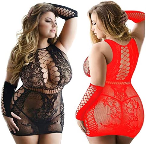 LOVELYBOBO 2 Pack Women's Plus Size Sexy Fishnet Mini Dress Fish Panel Accents Lingerie Sets with Net Gloves (Black+Red)