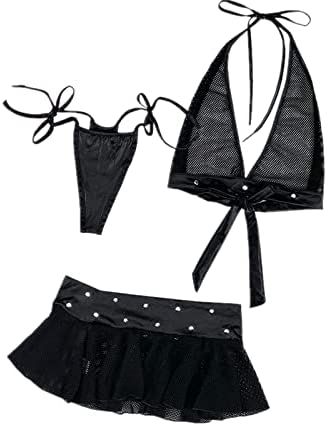Lingerie Set for Women Babydoll Set 3 Piece Strappy Fishnet Halter Top and Mini Skirt with G-String Pant Nightwear Black