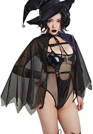 MEOWCOS Women's Sexy Lingerie Set Witch Suit Halloween Cosplay Costume Outfit Black Hollowed Front Mesh Bodysuit with Hat and Cloak