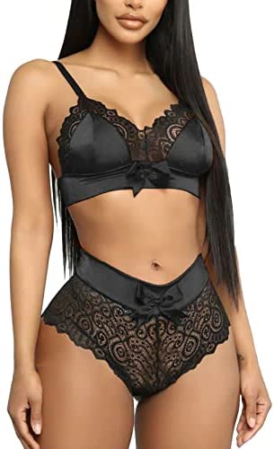 ROSVAJFY Sexy Lingerie Set for Women,2 Piece See-Through Lace Nightwear, Push Up Sling Bra Panties, Bowknot Intimate Outfit Underwear Strappy Nightie for Halloween Christmas Party Black Red Orange