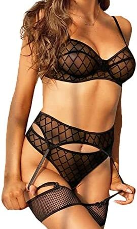 ROSVAJFY Sexy Mesh Lingerie Sets for Women Naughty with Garter Belt,Lace Bra and Panties Set,High Waisted Suspenders,3 Pieces Babydoll Bodysuit Eveyday Nightwear Elastic Straps 4 Clips for Stockings