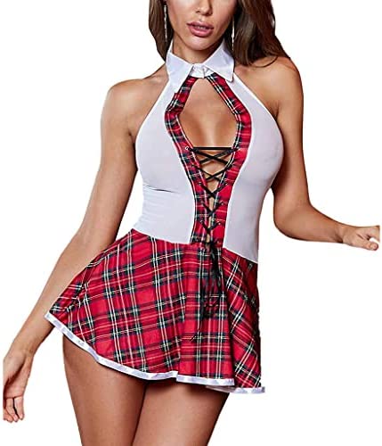 ROSVAJFY Women Sexy Cosplay Lingerie Outfit Set 2 Pieces Costume Preppy Style with Shirt Skirt Tie Naughty Wear Button Design Side Split Mini Plaid Fancy Dress Uniform for Party Club Halloween Red