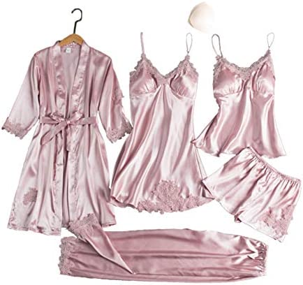 Schildeng Womens Pyjama Sets,Silk Satin Short Kimono Robe Pajama Dress Lace Lingerie Set Bathrobe Nightgown Robe Dressing Gown Nightdress With Chest Pad,burgundy/gray/navy/champagne/pink/black