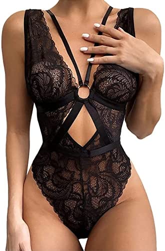 Sexy Lace Bodysuit for Women Naughty Hollow Out Mesh Badydoll Lingerie V Neck Cross Straps Sleepwear Cutout Wasit Jumpsuit One Piece Slim Underwear Stretch Chemise Nightwear for Halloween Party