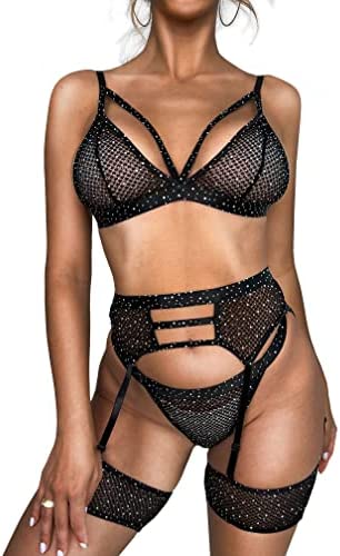 Women's 4 Pieces Exotic Lingerie Set Strappy Garter Lingerie Mesh Bra and Panty Sets