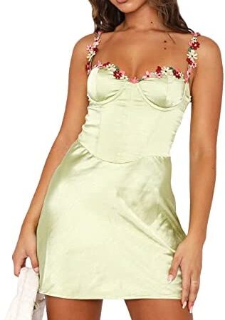 Women's Corset Mini Dress, Spaghetti Strap Flower Applique Slim Fit Satin Dress