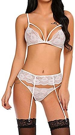 Womens Sexy Lace Lingerie Set with Suspende Garter Belt Lace Bra and Knickers Stocking 4 Piece Sets Strappy Teddy Babydoll Sleepwear