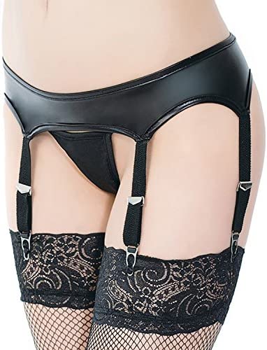 Yummy Bee - Suspender Belt Set - Black Faux Leather Garter Belt Set - Plus Size Suspender Belt Set 8-26
