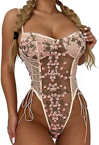 comeondear Lingerie Bodysuit One Piece Leotard Floral Teddy Mesh Bodysuit With Underwire Lace Up Embroidered Top Lingerie