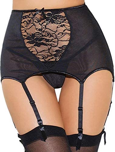 ohyeahlady Women High-Waisted Lace Garter Belt Mesh Suspender Belt with G-String Thong Sexy Lingerie