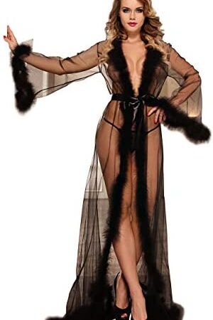 ohyeahlady Women Plus Size Lingerie Robe Mesh Sheer Lace Nightwear Kimono Dressing Gown with Feather Trim