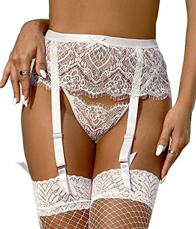 ohyeahlady Women Stretchy Lace Suspender Belt High Waist Garter Belt Plus Size Lingerie Set with 4 Wide Straps Metal Clip for Stockings (Black White)